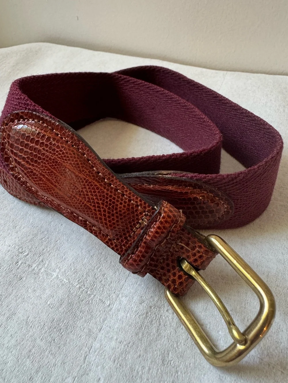 Vintage Cole Haan Genuine Lizard & Canvas Belt Burgundy Brown Size 32